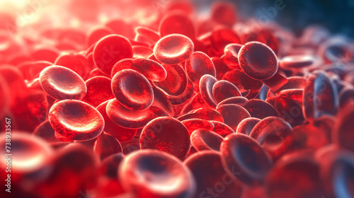 Red blood cells magnified under a microscope, illustrating vital aspects of life, biology, and medical research, forming a compelling scientific backdrop.