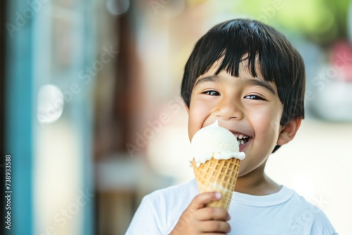 a young boy is eating an ice cream cone outside