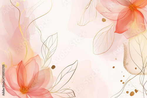 Abstract art background style wallpaper with golden line art flower and botanical leaves, Organic shapes, Watercolor. Generative AI