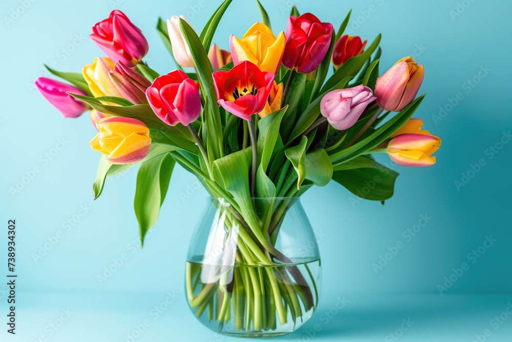Fototapeta premium Fresh cut tulip flowers in vase on blue background