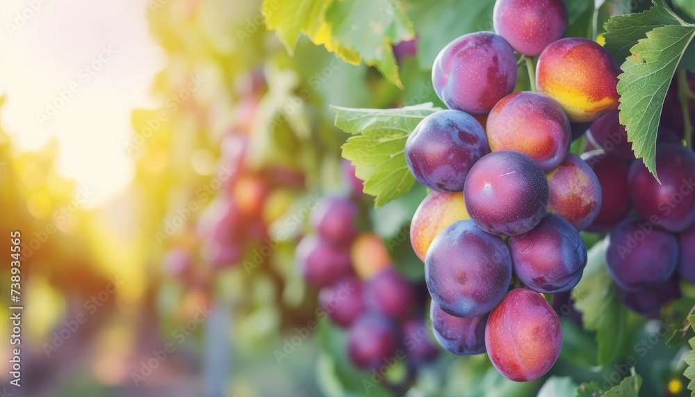 Ripe plums and oranges on tree in greenhouse, healthy fruits concept with text space Ripe plums and oranges on tree in greenhouse, healthy fruits concept with text space