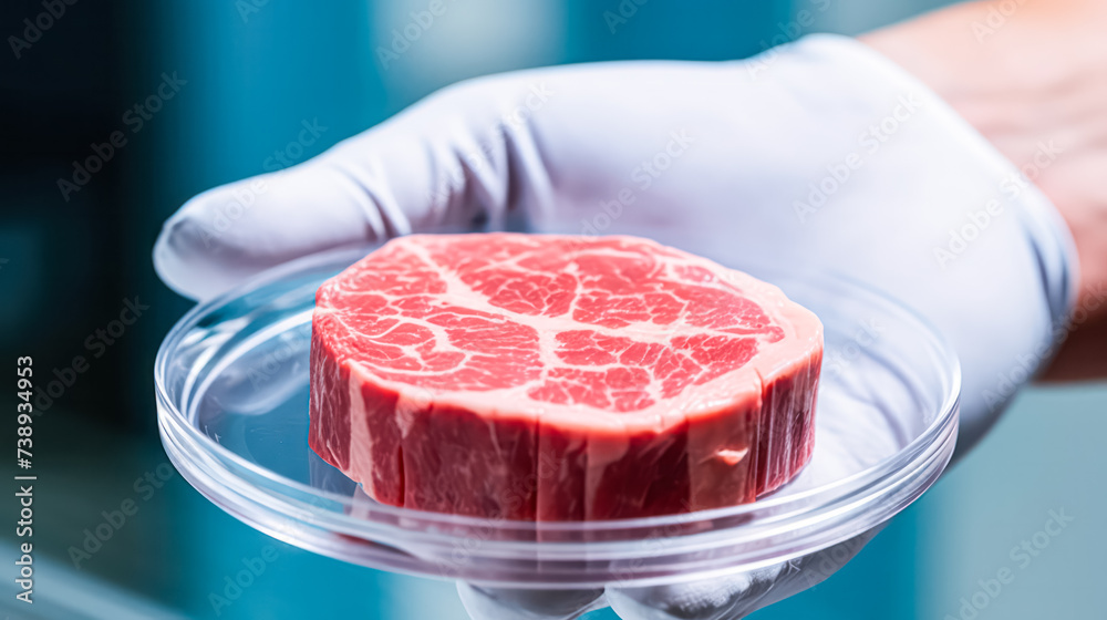 A hand in a glove delicately holds a meat sample in a plastic cell culture dish, showcasing clean cell based meat for scientific research. A hand in a glove delicately holds a meat sample in a plastic cell culture dish, showcasing clean cell based meat for scientific research.