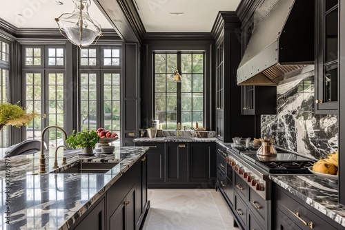 Black cabinets with marble black countertops in the kitchen, made in the style of naturalistic shadows in a modern style