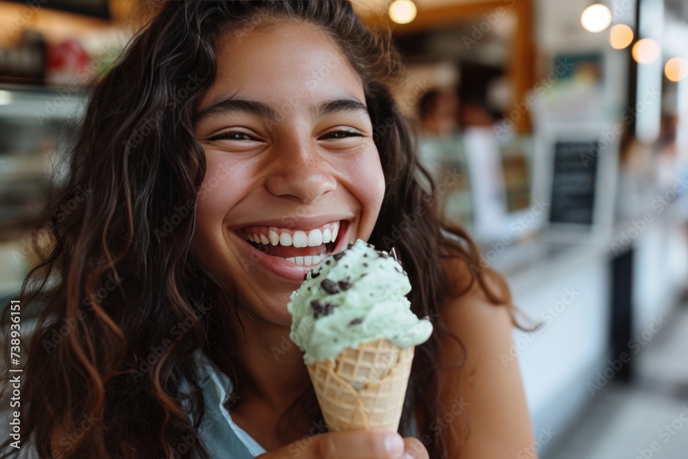 A happy woman holding an ice cream cone, enjoying a frozen dessert A happy woman holding an ice cream cone, enjoying a frozen dessert