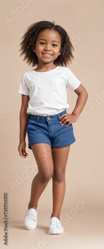 A young and cute child wearing a blank plain t-shirt in a studio photo, perfect for mockups or designing custom shirts as templates