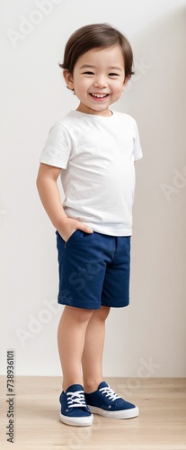 A child model wearing a blank plain t-shirt in a studio shot, perfect for mockups or designing custom shirts as templates