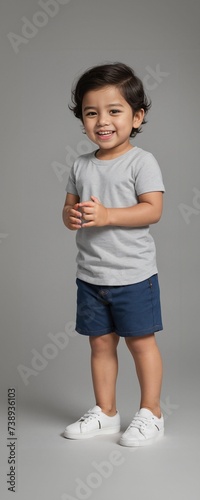 A child model wearing a blank plain t-shirt in a studio shot, perfect for mockups or designing custom shirts as templates