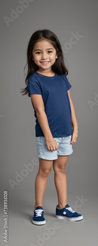 A child model wearing a blank plain t-shirt in a studio shot, perfect for mockups or designing custom shirts as templates