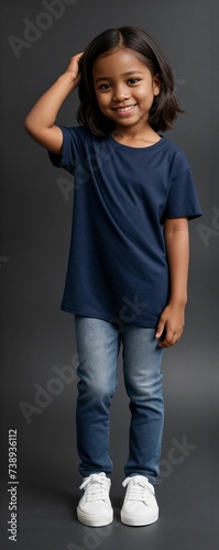 A child model wearing a blank plain t-shirt in a studio shot, perfect for mockups or designing custom shirts as templates