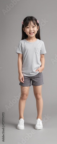 A young and cute child wearing a blank plain t-shirt in a studio photo, perfect for mockups or designing custom shirts as templates