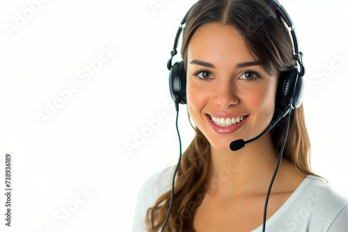 Happy woman in headphones with microphone.