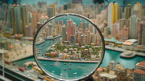 Magnifying glass near small residential building, searching for new house in rental market.