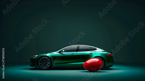 A sleek modern electric car painted in a vibrant shade of green, with a glossy finish, transporting a shiny red egg as part of its festive Easter display