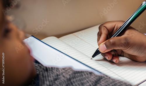 Close na mão de uma criança que está escrevendo em um caderno. Conceito de volta às aulas. photo