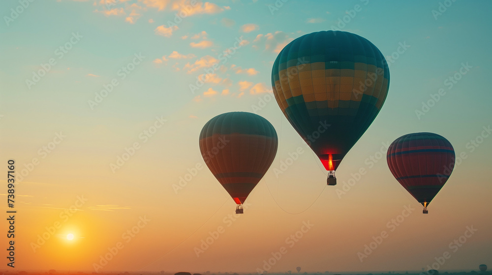 Fototapeta premium Majestic Skies of Bagan: Capturing Sunset and Balloons in Panoramic Splendor