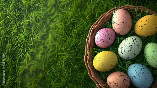 Overhead shot of a wicker basket filled with pastel-colored Easter eggs nestled on a bed of green grass, perfect for an Easter egg hunt flyer