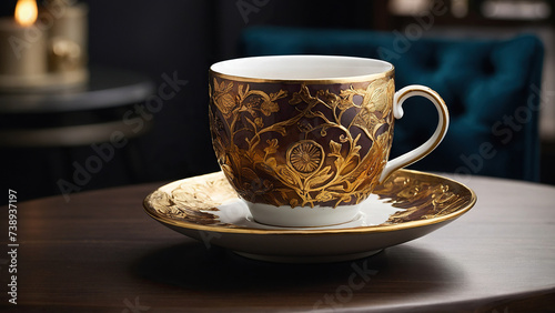 A cup of coffee. Elegant ceramic mug in a luxury room. Selective focus. Free space for text.