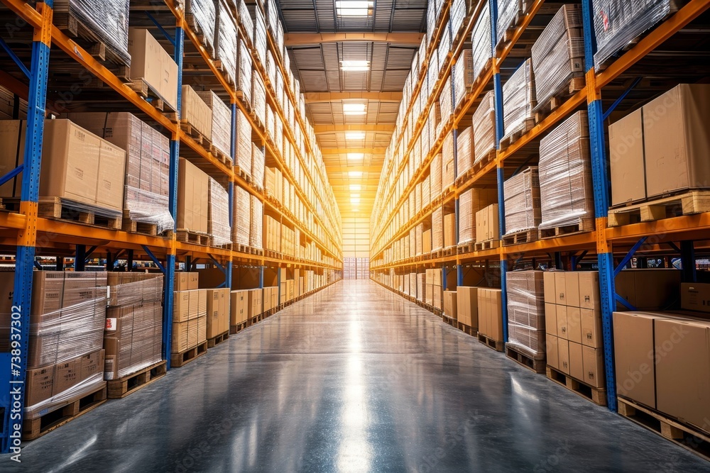 Warehouse with high shelving and boxes. Warehouse with high shelving and boxes.