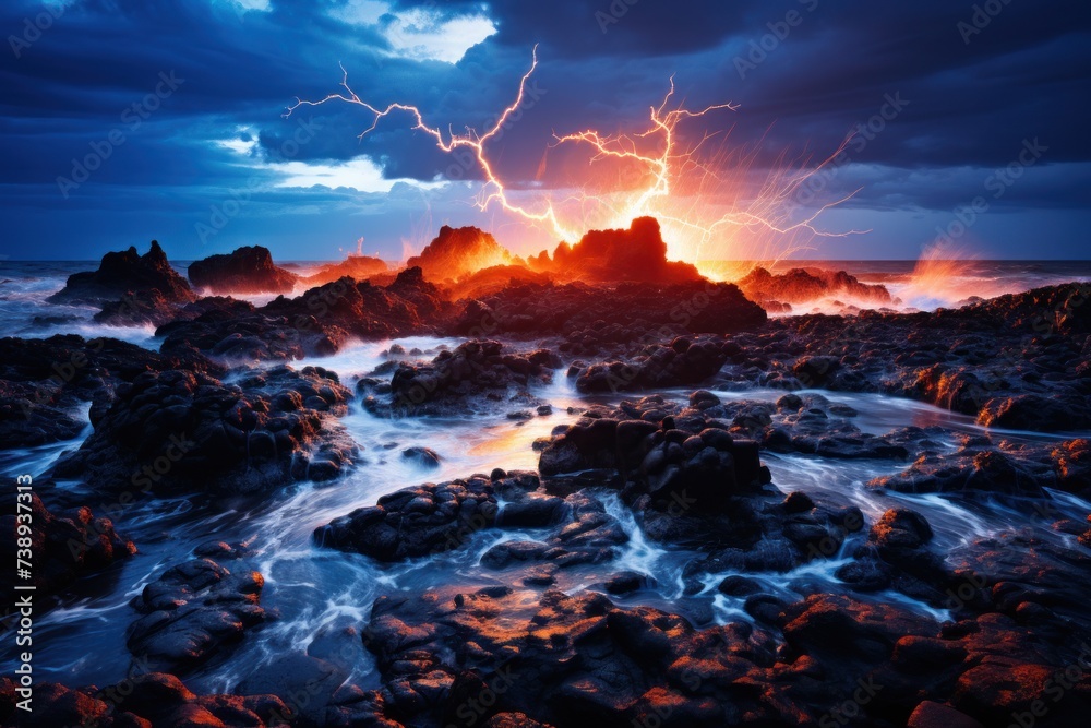 The dramatic scene of a lightning storm unfolding over a rugged coastline during twilight