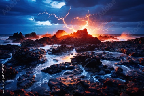 The dramatic scene of a lightning storm unfolding over a rugged coastline during twilight