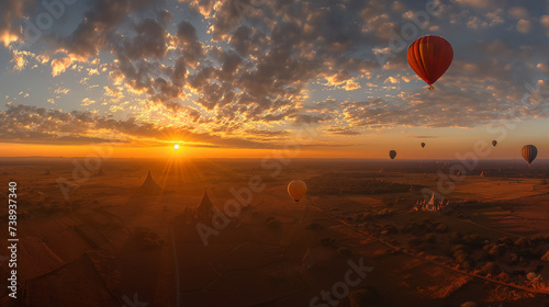 Majestic Skies of Bagan: Capturing Sunset and Balloons in Panoramic Splendor