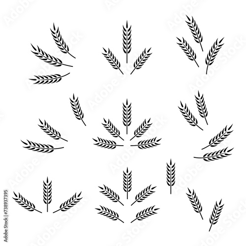 Flat Vector Agriculture Wheat Icon Set Isolated. Organic Wheat and Rice Ears. Design Template for Bread, Beer Logo, Packaging, Labels for Farming, Organic Produce, and Food Industry Concept