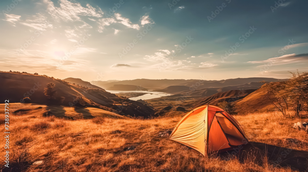 Experience natures tranquility while camping in the mountains. A picturesque sunset frames the serene landscape, perfect for outdoor enthusiasts.