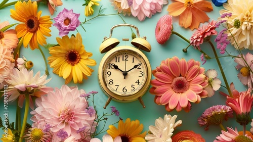 Vintage Alarm Clock Surrounded by Spring Flowers on Pastel Background
