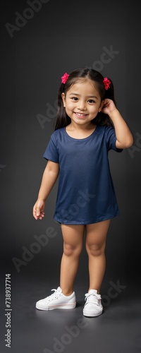 A young and cute toddler wearing a blank plain t-shirt in a studio photo, perfect for mockups or designing custom shirts as templates