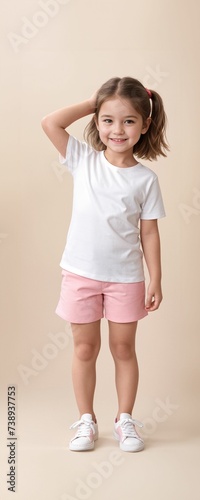A young and cute toddler wearing a blank plain t-shirt in a studio photo, perfect for mockups or designing custom shirts as templates