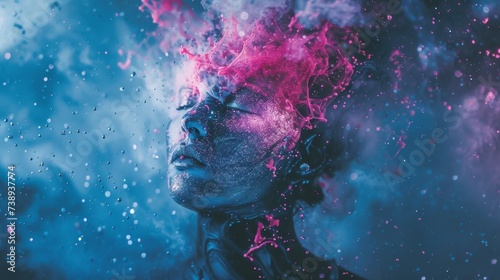 Woman's Face Covered in Pink and Blue Powder photo