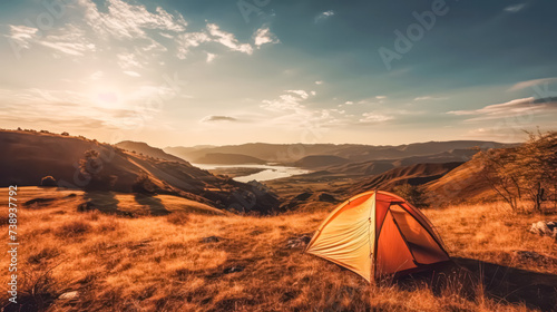 Experience natures tranquility while camping in the mountains. A picturesque sunset frames the serene landscape  perfect for outdoor enthusiasts.