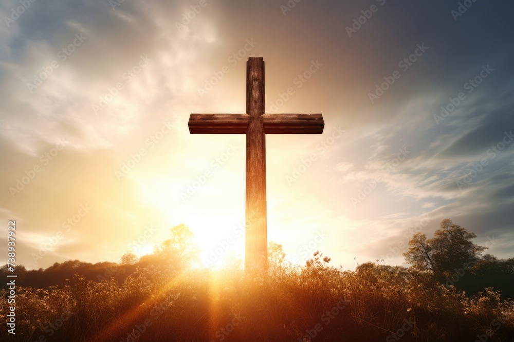 Cross on hill and sunshine behind it. Clouds and sun. Christian symbol. Calvary or Golgotha. AI Generated 