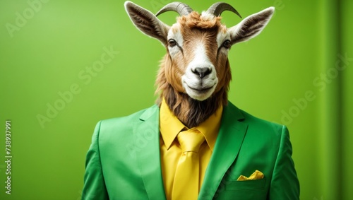animal friendly goat concept Anthropomorphic wearing suit formal business suit portrait shot on plain on bright color wall
