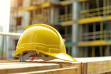 Safety First, Yellow Hard Hat on Construction Timber, Building Progress