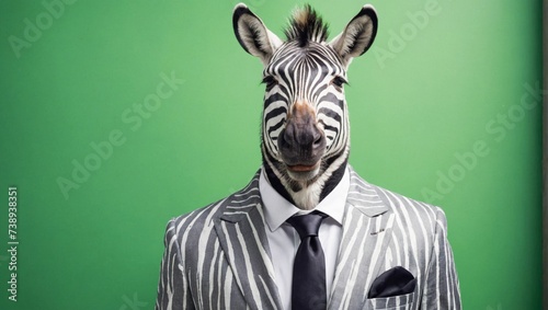 animal friendly zebra concept Anthropomorphic wearing suit formal business suit portrait shot on plain on bright color wall © Vladyslav
