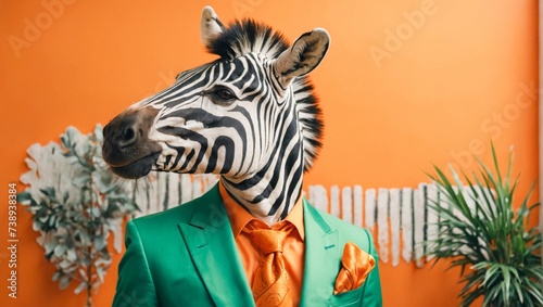 animal friendly zebra concept Anthropomorphic wearing suit formal business suit portrait shot on plain on bright color wall