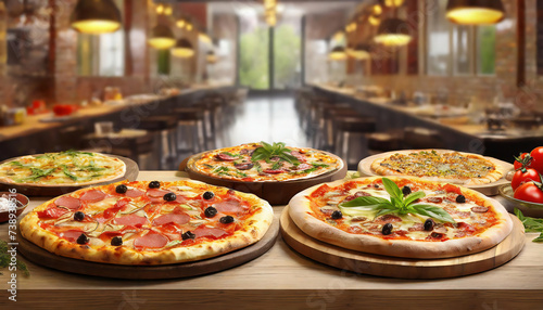 different selection of Pizzas on the restaurant counter in a blurred restaurant background. Restaurant menu concept.