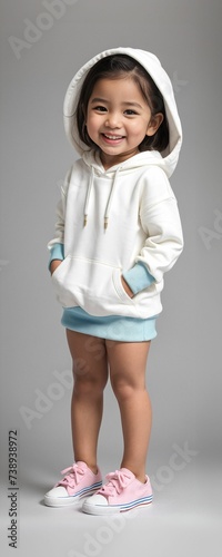 A toddler model wearing a blank solid color hoodie in a studio photoshoot, perfect for mockups or designing custom shirts as templates