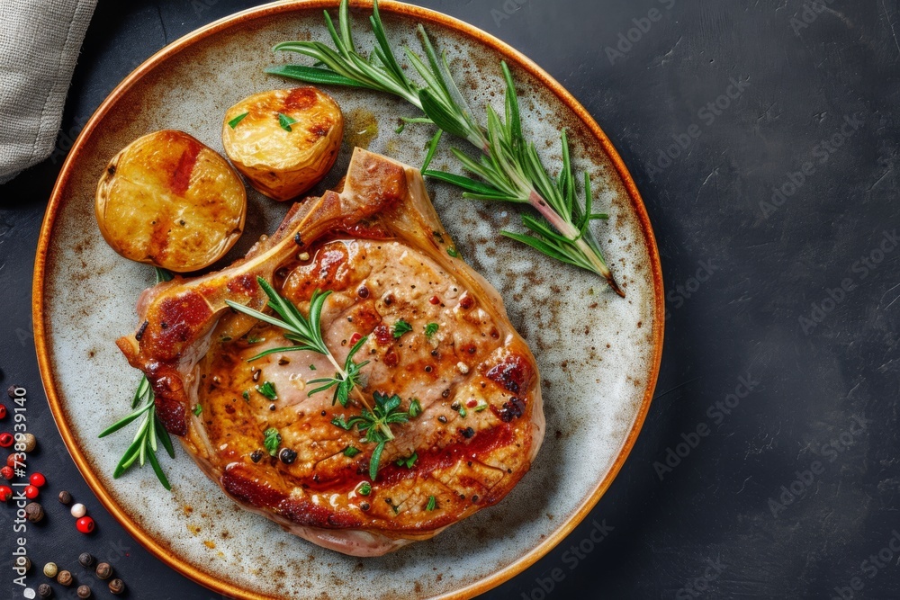Steak with rosemary and potatoes on a plate. Steak with rosemary and potatoes on a plate.