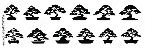 Bonsai tree silhouettes set, large pack of vector silhouette design, isolated white background