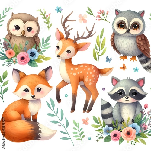 Colorful set of  animals characters. Animals icons set isolated on white background. Cute character design. Color illustration of wild animal world.