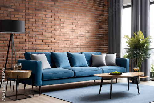 Brick Beauty in Modern Living - Blue & Gray Sofas, Apartment Decor Flair
