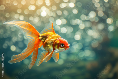 orange gold fish swimming underwater on blue background