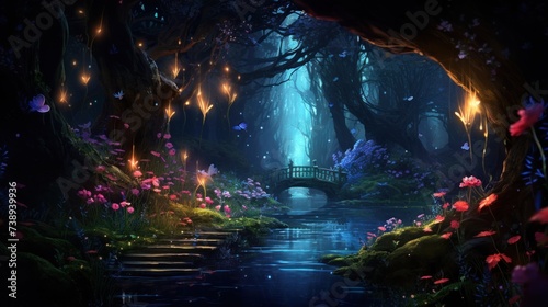Enchanted forest scene with magical lights and mystical bridge. Fantasy world background.
