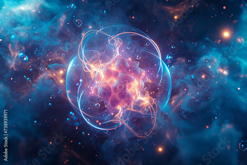 large atom model on blurred blue background, futuristic fractal patterns, nanopunk