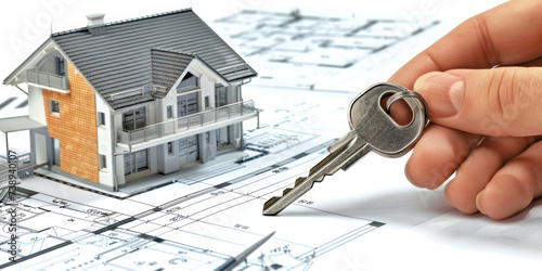 Sale and purchase of real estate according to the turnkey system symbolically with the illustration of the real estate model on the graphic and positional map
