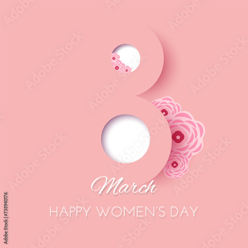8 march Women's Day Banner. Flyer, banner, cover, social media number 8 with flowers. Vector illustration in paper cut style photo