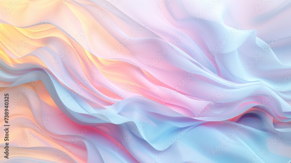 Abstract background with smooth waves of paper soaring through the air. With a pastel palette and muted colors,