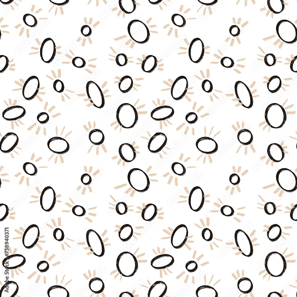 Seamless abstract geometric pattern. Black, beige, white. Digital brush strokes texture. Circles, dots, ovals. Illustration. Design for textile fabrics, wrapping paper, background, wallpaper, cover.